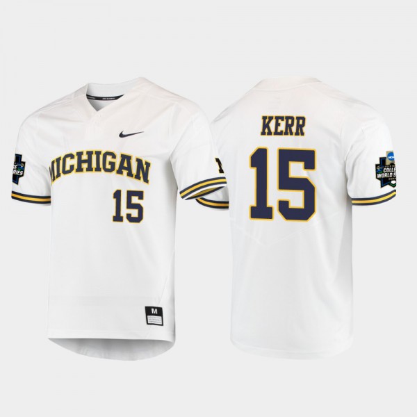 Michigan Wolverines #15 Men's Jimmy Kerr Jersey White College 2019 NCAA Baseball College World Series